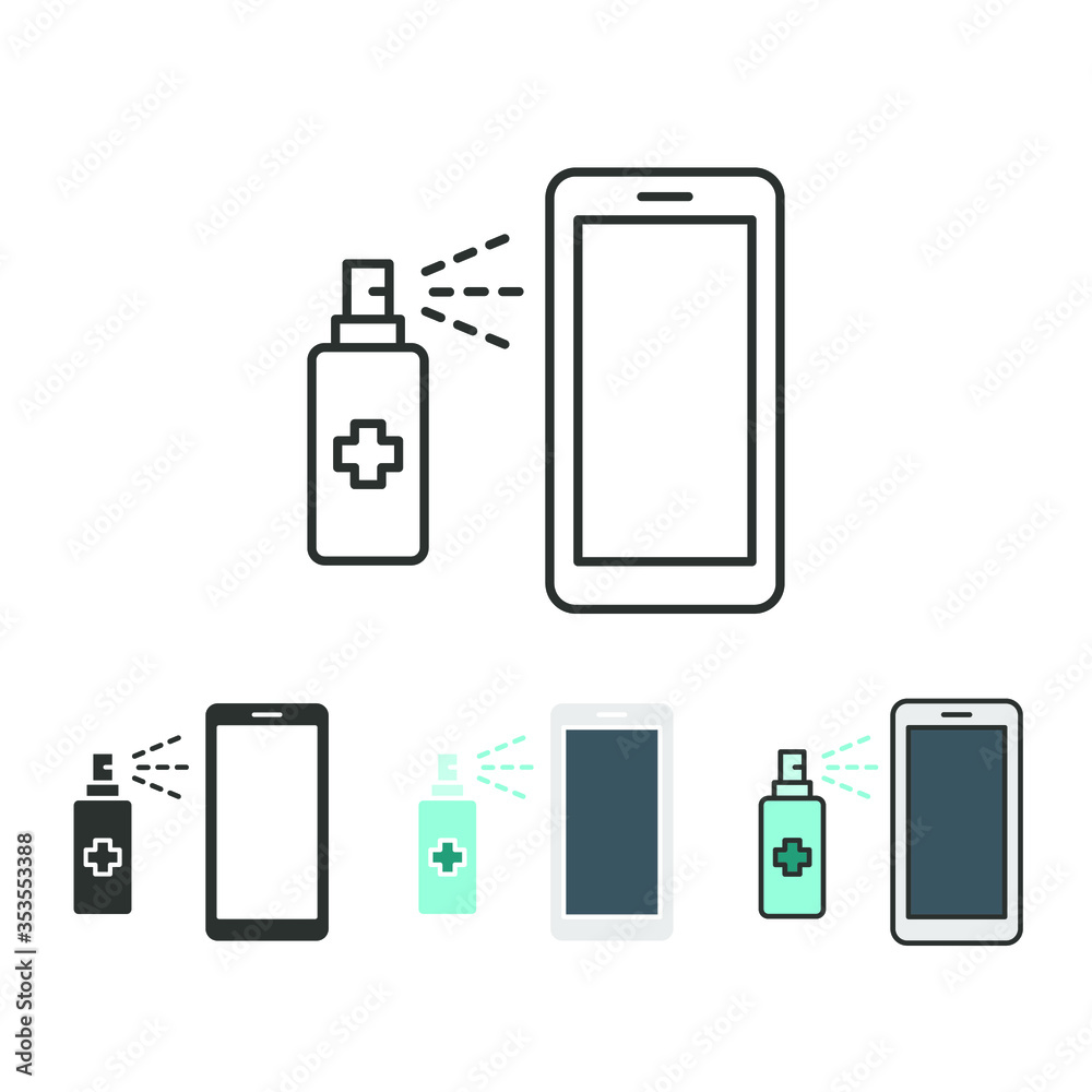 Fototapeta premium Sanitizing your phone for hygiene. Spraying antiseptic for disinfection smartphone. Flat outline icons of sanitizer for disinfection mobile phone. Vector illustration. Design on white background.EPS10