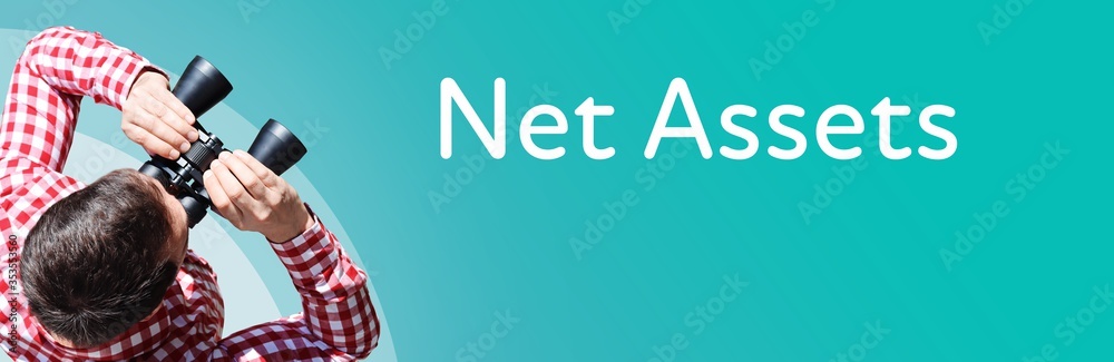 Naklejka premium Net Assets. Businessman (man) looks through binoculars. Birds eye view. Focus on text. Blue Background. Business, Finance, Statistics, Analysis, Economy