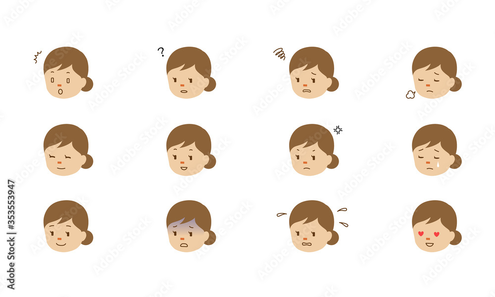 Illustration set of various facial expressions of female characters Illustration set of various facial expressions of female characters