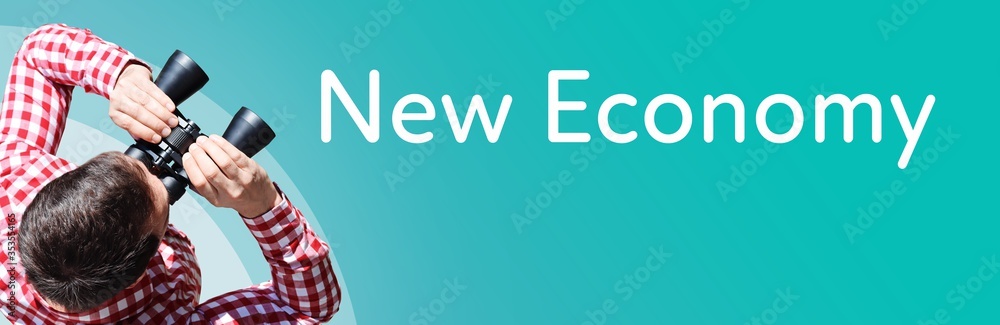Fototapeta premium New Economy. Businessman (man) looks through binoculars. Birds eye view. Focus on text. Blue Background. Business, Finance, Statistics, Analysis, Economy