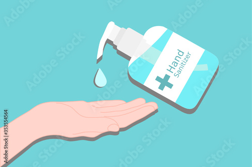 hand with hand sanitizer pump bottle and drop on the blue background. Disease prevention method. Avoid germs infection. Disinfectant product. medical advertisement. Stop spreading contagious.