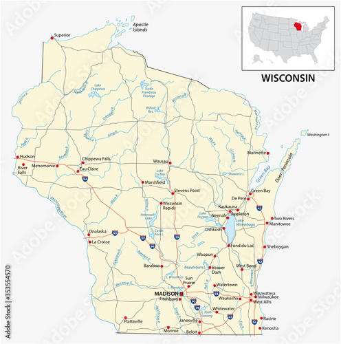 road map of the US American State of Wisconsin