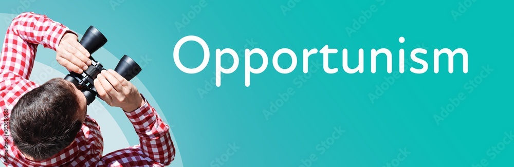 Naklejka premium Opportunism. Businessman (man) looks through binoculars. Birds eye view. Focus on text. Blue Background. Business, Finance, Statistics, Analysis, Economy