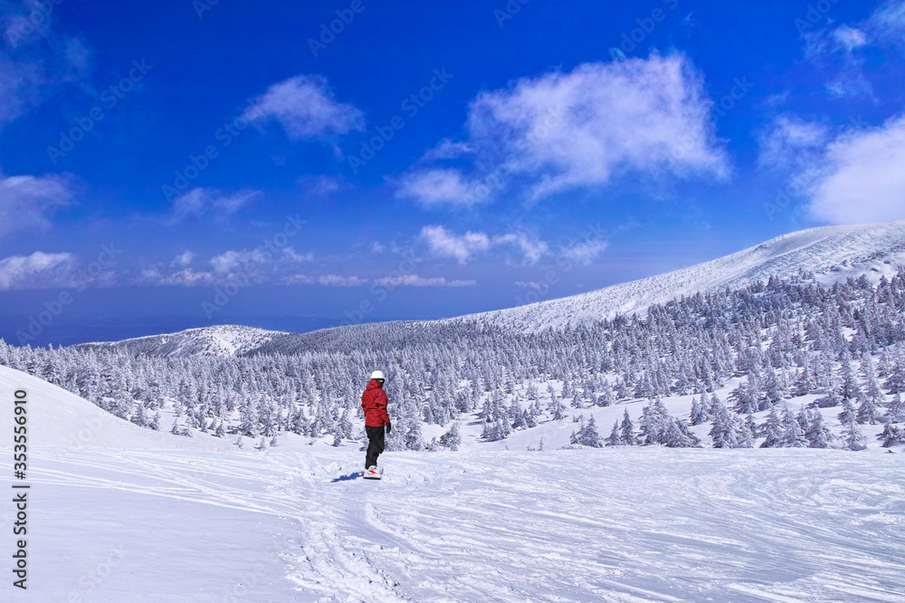 雪景色を眺めるスノーボーダー
