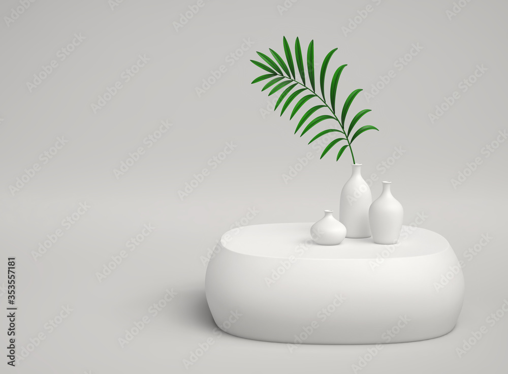 Abstract minimal background with vases and green plant branch