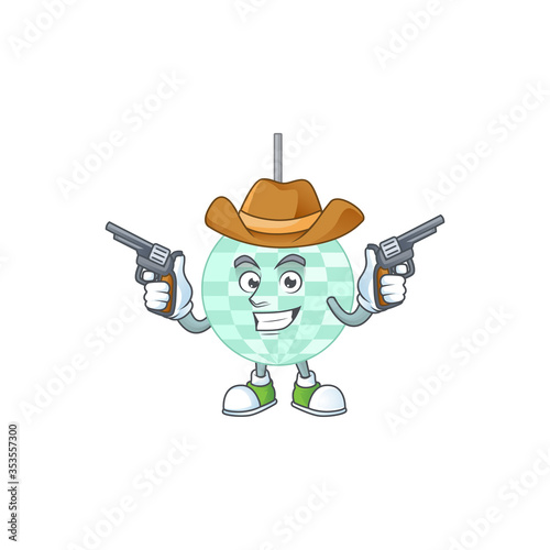 A masculine cowboy cartoon drawing of disco ball holding guns