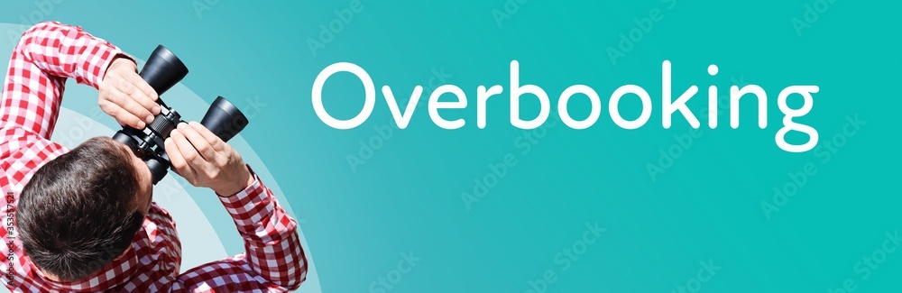 Naklejka premium Overbooking. Businessman (man) looks through binoculars. Birds eye view. Focus on text. Blue Background. Business, Finance, Statistics, Analysis, Economy