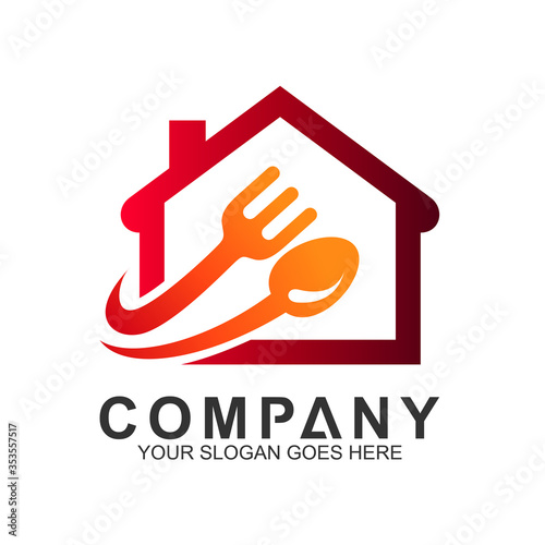 House With Spoon And Fork Logo In Continuous Line Style, Vector Kitchen, Home Kitchen Logo