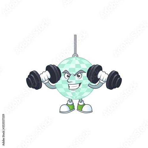 Caricature picture of disco ball exercising with barbells on gym