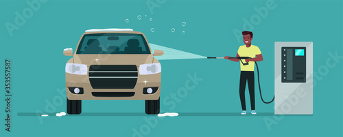 A afro man washes a car in a self-service car wash. Vector illustration.