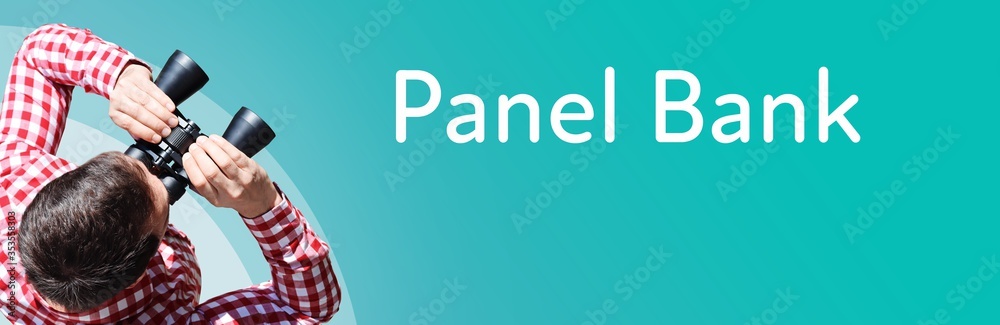 Naklejka premium Panel Bank. Businessman (man) looks through binoculars. Birds eye view. Focus on text. Blue Background. Business, Finance, Statistics, Analysis, Economy
