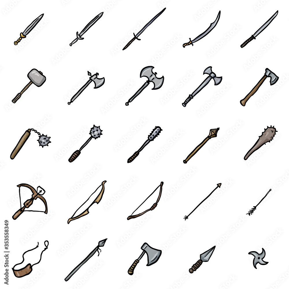 Vector Set of Doodle Medieval Weapon Icons