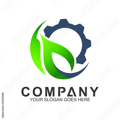 gear with leaf vector logo, industrial icon, environmentally friendly symbol