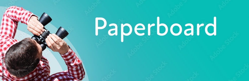 Naklejka premium Paperboard. Businessman (man) looks through binoculars. Birds eye view. Focus on text. Blue Background. Business, Finance, Statistics, Analysis, Economy
