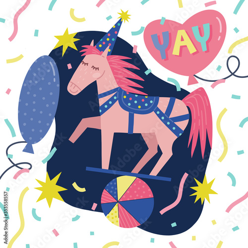 Birthday horse character in party hat hand drawn vector illustration with typography   Yay   and party decorations.