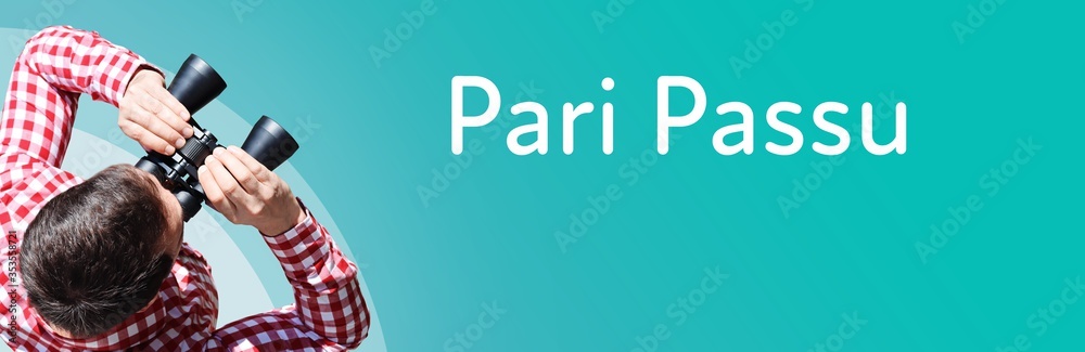 Naklejka premium Pari Passu. Businessman (man) looks through binoculars. Birds eye view. Focus on text. Blue Background. Business, Finance, Statistics, Analysis, Economy