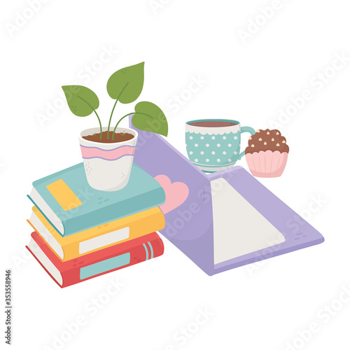 sweet home laptop coffee cup cupcake stack of books potted plant