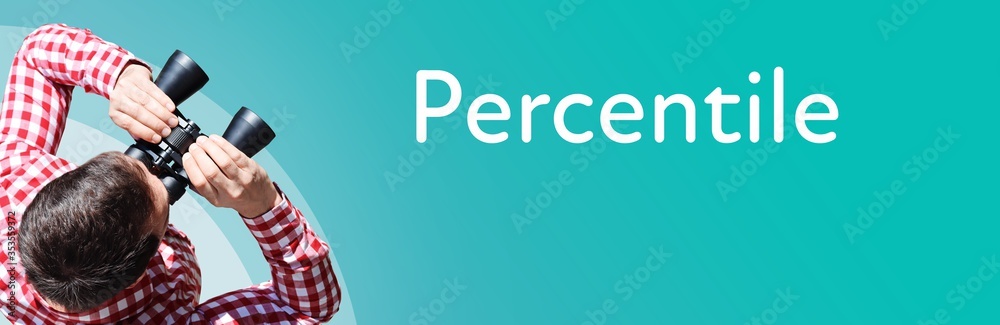 Fototapeta premium Percentile. Businessman (man) looks through binoculars. Birds eye view. Focus on text. Blue Background. Business, Finance, Statistics, Analysis, Economy