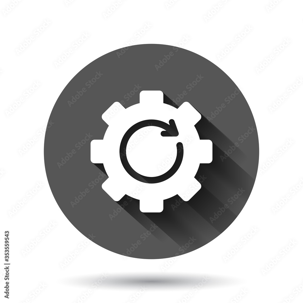 Recovery gear icon in flat style. Repeat vector illustration on black round background with long shadow effect. Rotation circle button business concept. Recovery gear icon in flat style. Repeat vector illustration on black round background with long shadow effect. Rotation circle button business concept.