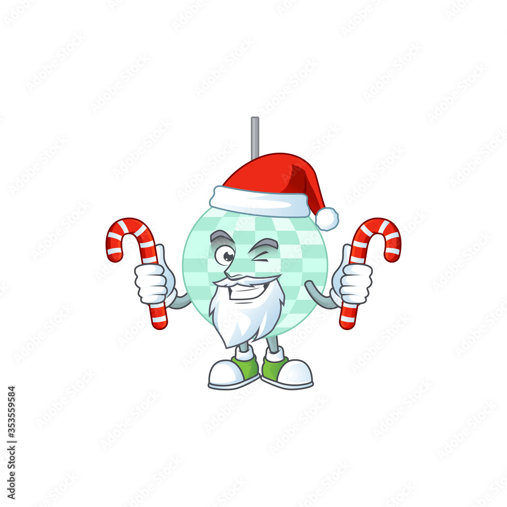 Cartoon character of disco ball as a Santa having candies Cartoon character of disco ball as a Santa having candies