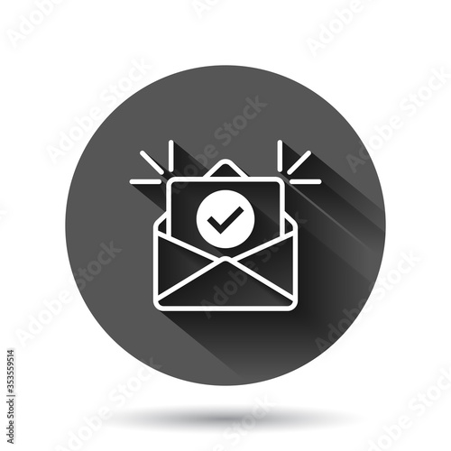 Envelope with confirmed document icon in flat style. Verify vector illustration on black round background with long shadow effect. Receive circle button business concept.
