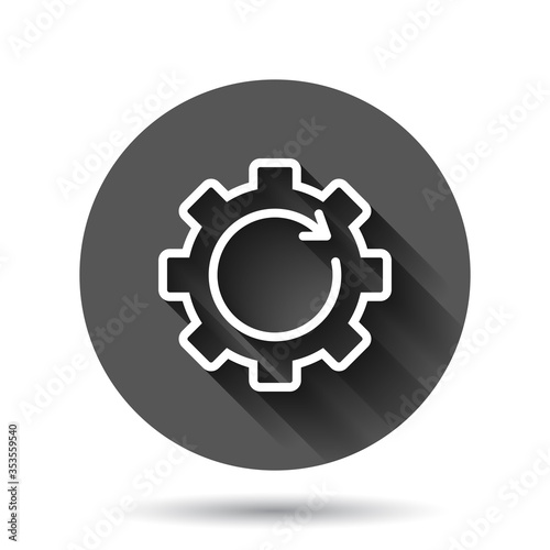 Recovery gear icon in flat style. Repeat vector illustration on black round background with long shadow effect. Rotation circle button business concept.