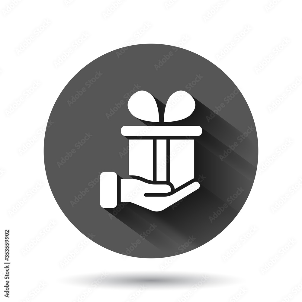 Gift box icon in flat style. Present on black round background with long shadow effect. Surprise circle button business concept.