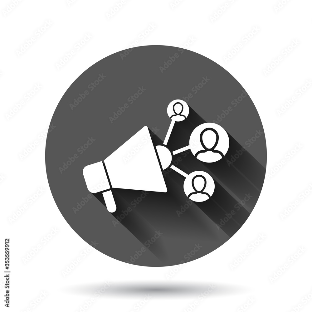 Social media icon in flat style. Marketing vector illustration on black round background with long shadow effect. Megaphone with people circle button business concept. Social media icon in flat style. Marketing vector illustration on black round background with long shadow effect. Megaphone with people circle button business concept.