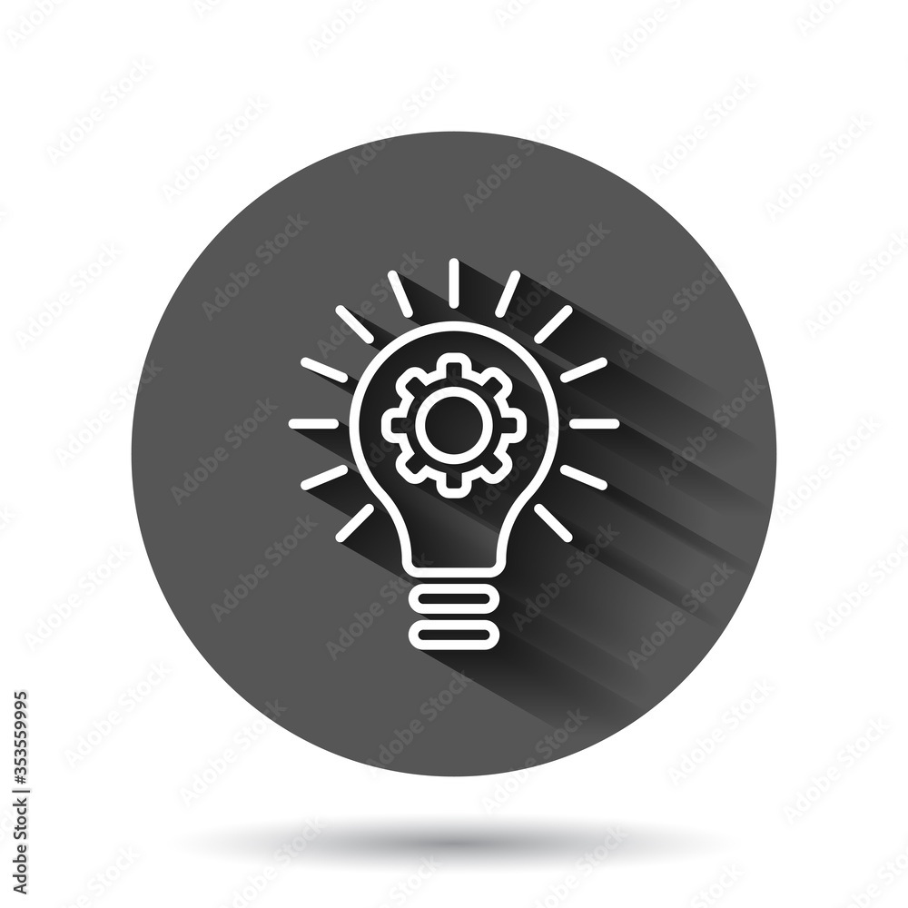Innovation icon in flat style. Lightbulb with cogwheel vector illustration on black round background with long shadow effect. Idea circle button business concept. Innovation icon in flat style. Lightbulb with cogwheel vector illustration on black round background with long shadow effect. Idea circle button business concept.