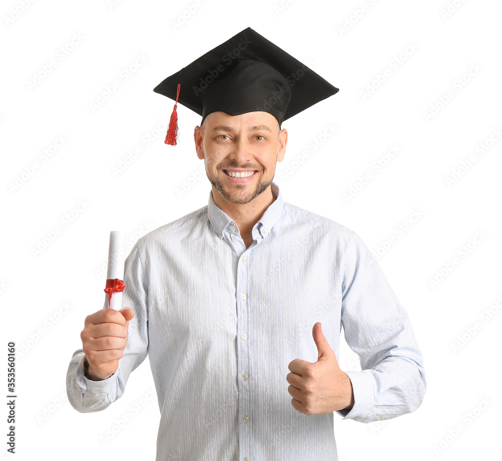 Man in graduation hat and with diploma on white background Man in graduation hat and with diploma on white background
