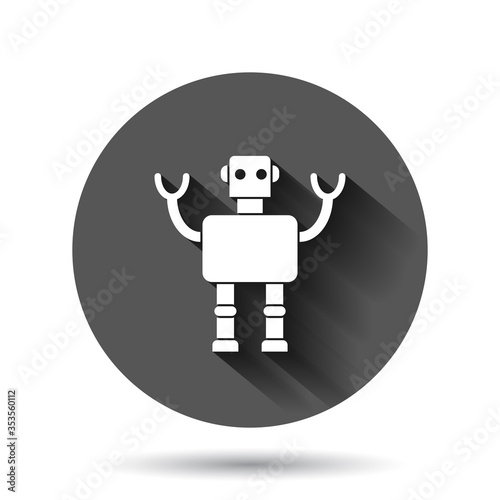 Cute robot chatbot icon in flat style. Bot operator vector illustration on black round background with long shadow effect. Smart chatbot character circle button business concept.