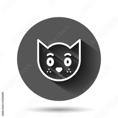 Cat head icon in flat style. Cute pet vector illustration on black round background with long shadow effect. Animal circle button business concept.