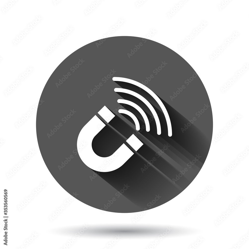 Magnet icon in flat style. Attract vector illustration on black round background with long shadow effect. Electromagnetic circle button business concept. Magnet icon in flat style. Attract vector illustration on black round background with long shadow effect. Electromagnetic circle button business concept.