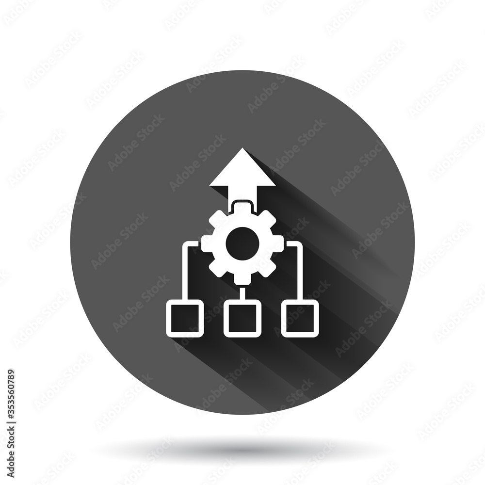 Improvement icon in flat style. Gear project vector illustration on black round background with long shadow effect. Productivity circle button business concept. Improvement icon in flat style. Gear project vector illustration on black round background with long shadow effect. Productivity circle button business concept.
