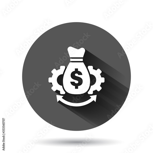 Money optimization icon in flat style. Gear effective vector illustration on black round background with long shadow effect. Finance process circle button business concept.