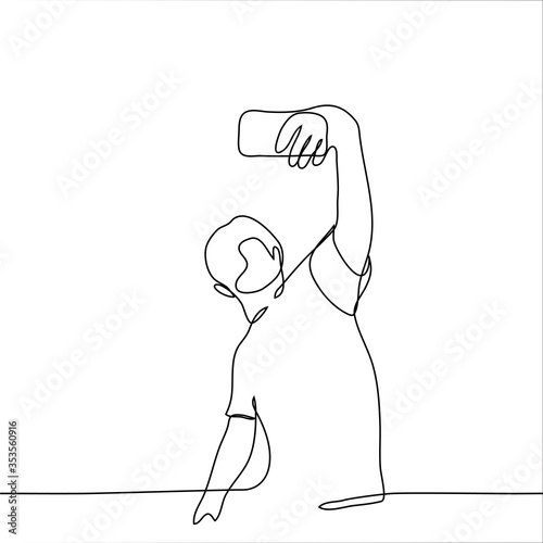 The figure of a man who takes a selfie on a smartphone or broadcasts online. One continuous line drawing of a man taking a photo of himself and background. Can be used for animation.