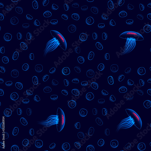 Jellyfish seamless pattern with neon glowing vibrant glitchy abstract background