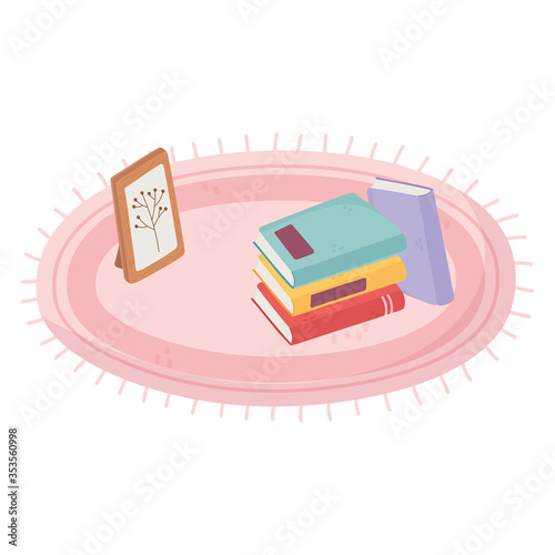 carpet with books and frame picture plant isolated icon design