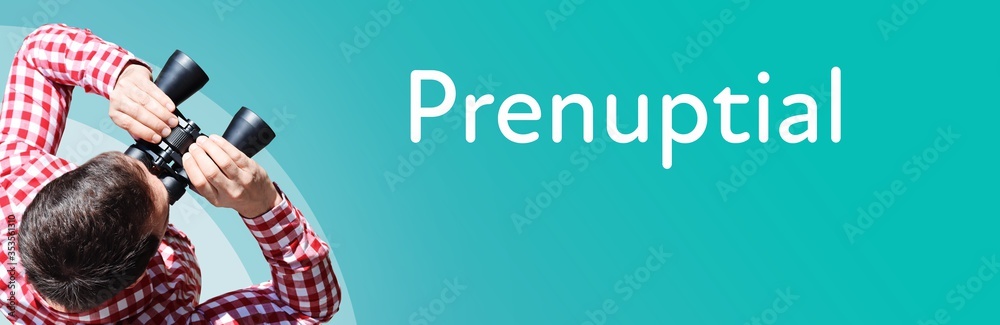 Naklejka premium Prenuptial. Businessman (man) looks through binoculars. Birds eye view. Focus on text. Blue Background. Business, Finance, Statistics, Analysis, Economy