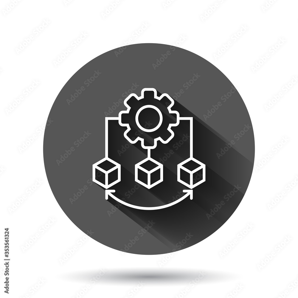 Api technology icon in flat style. Algorithm vector illustration on black round background with long shadow effect. Gear with arrow circle button business concept. Api technology icon in flat style. Algorithm vector illustration on black round background with long shadow effect. Gear with arrow circle button business concept.