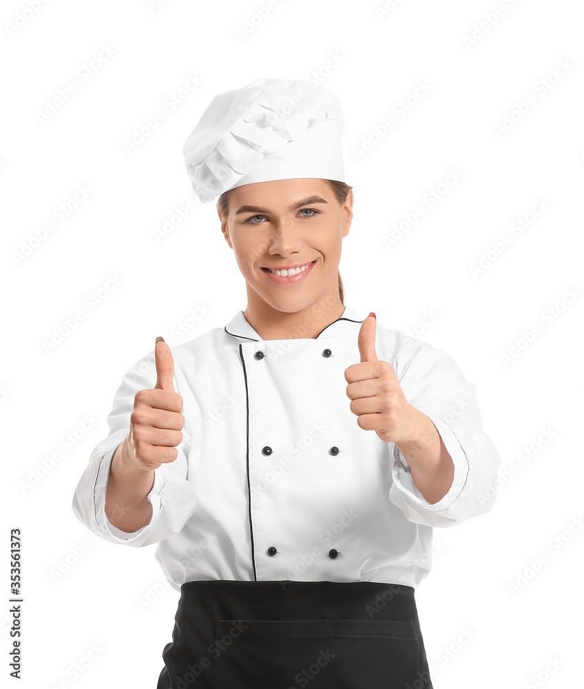 Transgender chef showing thumb-up on white background