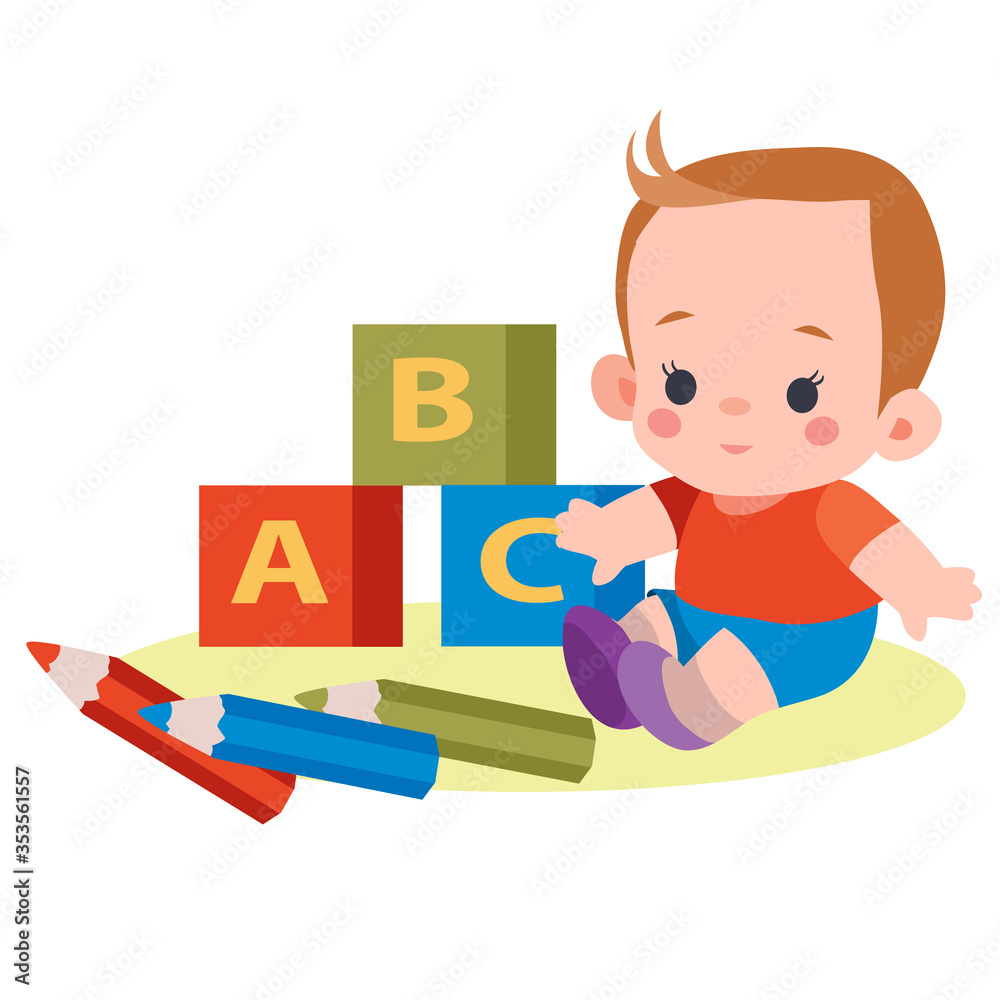 boy sits among cubes with letters and pencils, flat, isolated object on white background, vector illustration,
