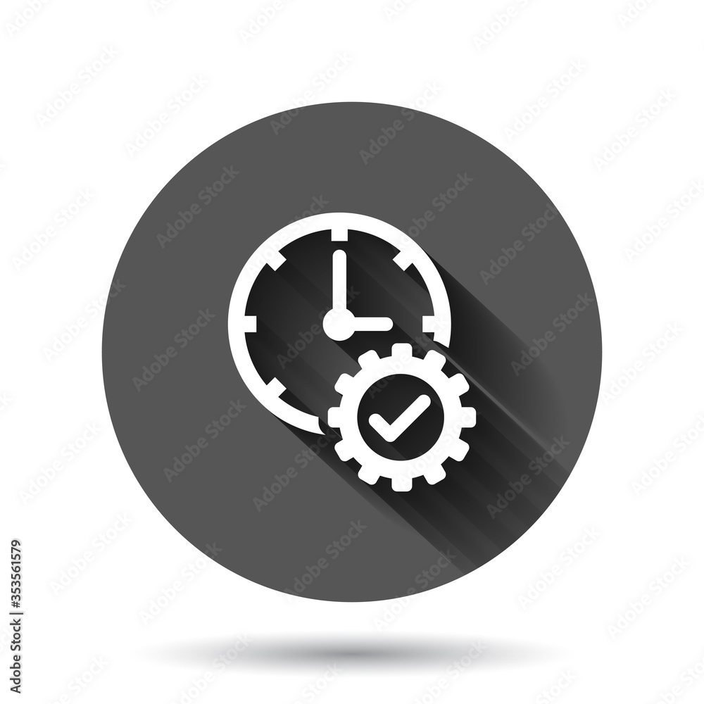 Check mark on clock icon in flat style. Gear with time vector illustration on black round background with long shadow effect. Production circle button business concept. Check mark on clock icon in flat style. Gear with time vector illustration on black round background with long shadow effect. Production circle button business concept.