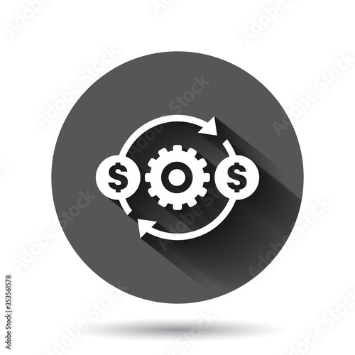Money optimization icon in flat style. Gear effective vector illustration on black round background with long shadow effect. Finance process circle button business concept.