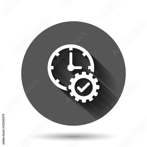 Check mark on clock icon in flat style. Gear with time vector illustration on black round background with long shadow effect. Production circle button business concept.