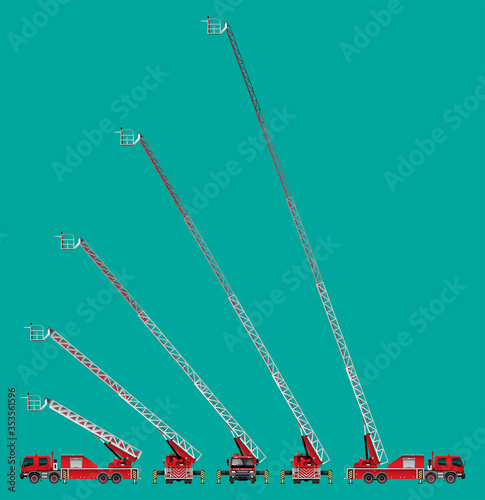 Fotografija VECTOR EPS10 - red firetruck with ladder in 5 action of extended, isolated on green background
