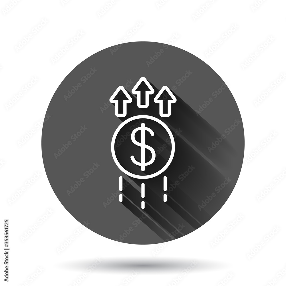 Growth arrow icon in flat style. Revenue vector illustration on black round background with long shadow effect. Increase circle button business concept. Growth arrow icon in flat style. Revenue vector illustration on black round background with long shadow effect. Increase circle button business concept.