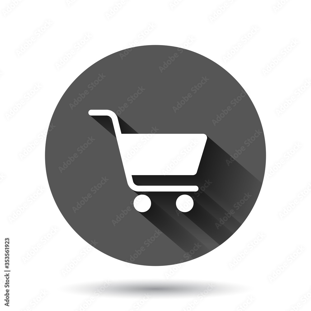 Shopping cart icon in flat style. Trolley vector illustration on black round background with long shadow effect. Basket circle button business concept. Shopping cart icon in flat style. Trolley vector illustration on black round background with long shadow effect. Basket circle button business concept.