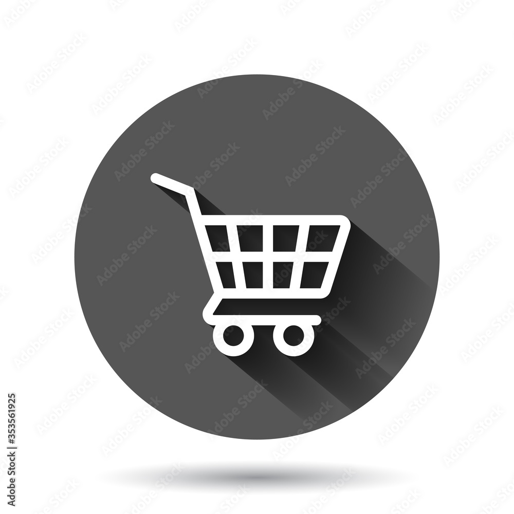 Shopping cart icon in flat style. Trolley vector illustration on black round background with long shadow effect. Basket circle button business concept. Shopping cart icon in flat style. Trolley vector illustration on black round background with long shadow effect. Basket circle button business concept.