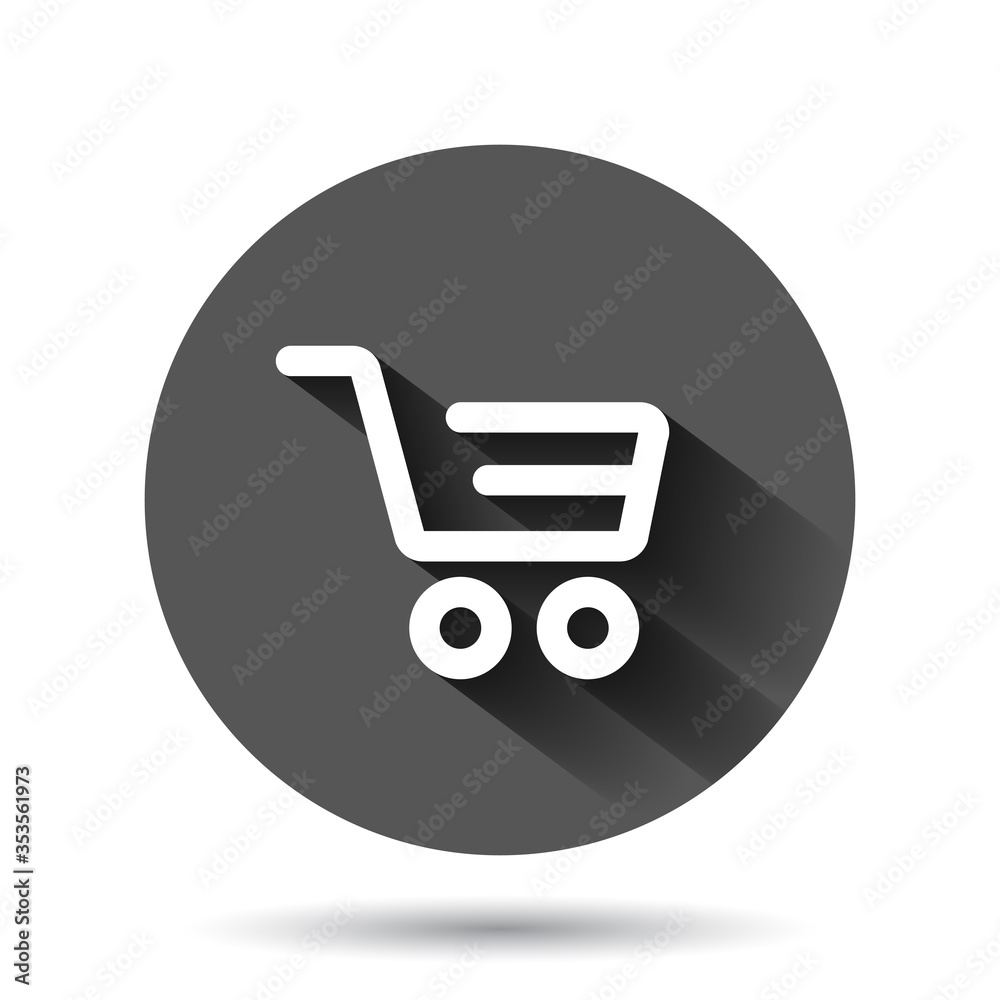 Shopping cart icon in flat style. Trolley vector illustration on black round background with long shadow effect. Basket circle button business concept.